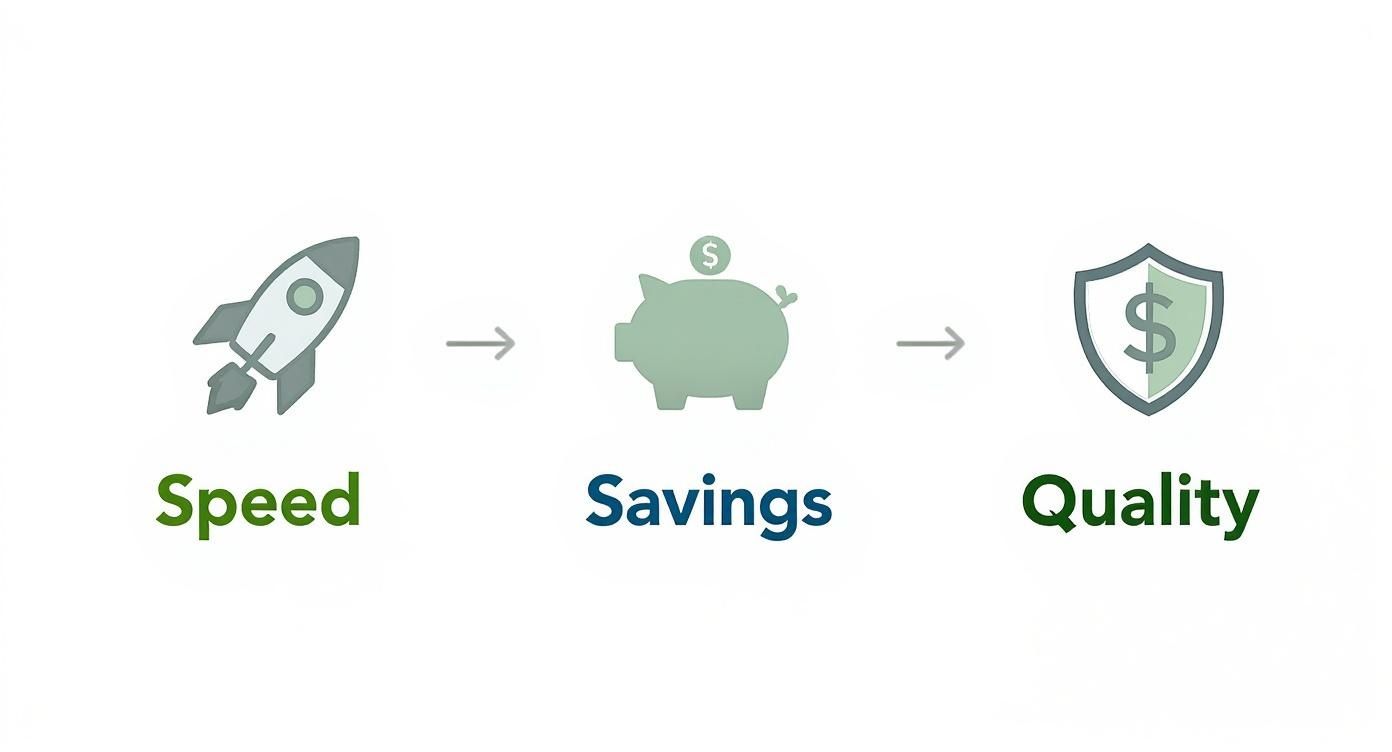 An infographic illustrating the three primary benefits of automated testing Speed, Savings, and Quality, represented by icons of a rocket, a piggy bank, and a shield.