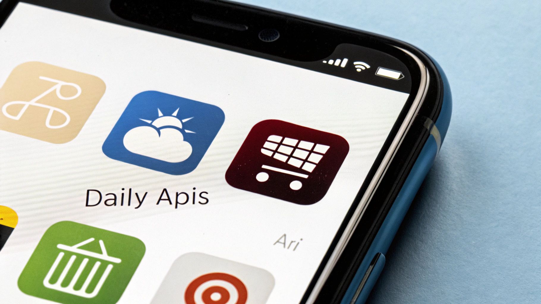 Illustration showing various app icons like social media, weather, and shopping carts connected to a central API server, representing daily use of API endpoints.