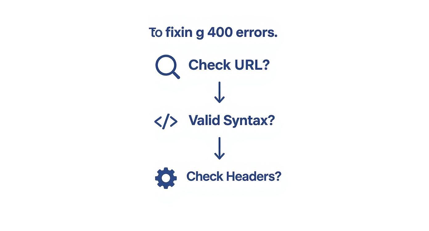 Flowchart showing three steps to fix 400 errors: check URL, valid syntax, and check headers