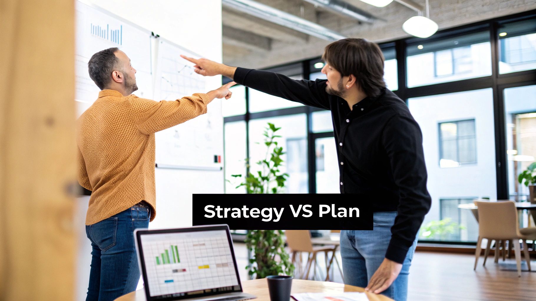 Two documents, one labeled 'Strategy' with a high-level flowchart, and the other labeled 'Plan' with detailed checklists and timelines.
