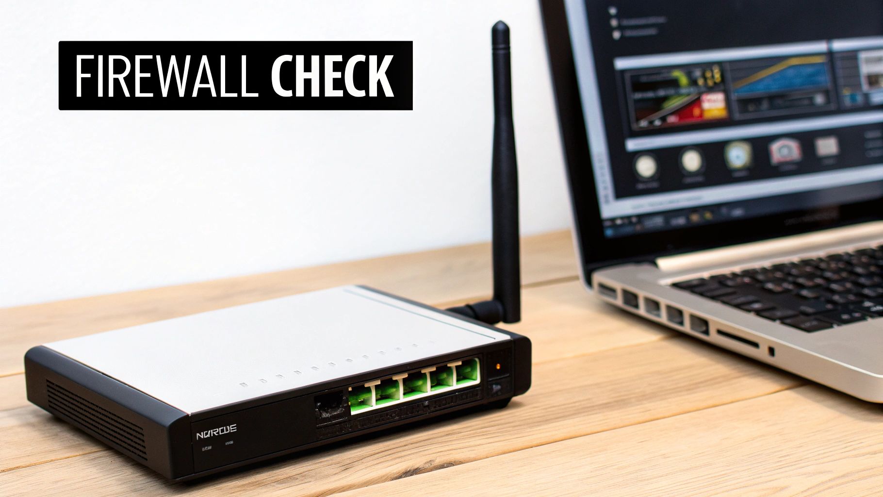 A network firewall device and laptop on a wooden table, with 'FIREWALL CHECK' text overlay.