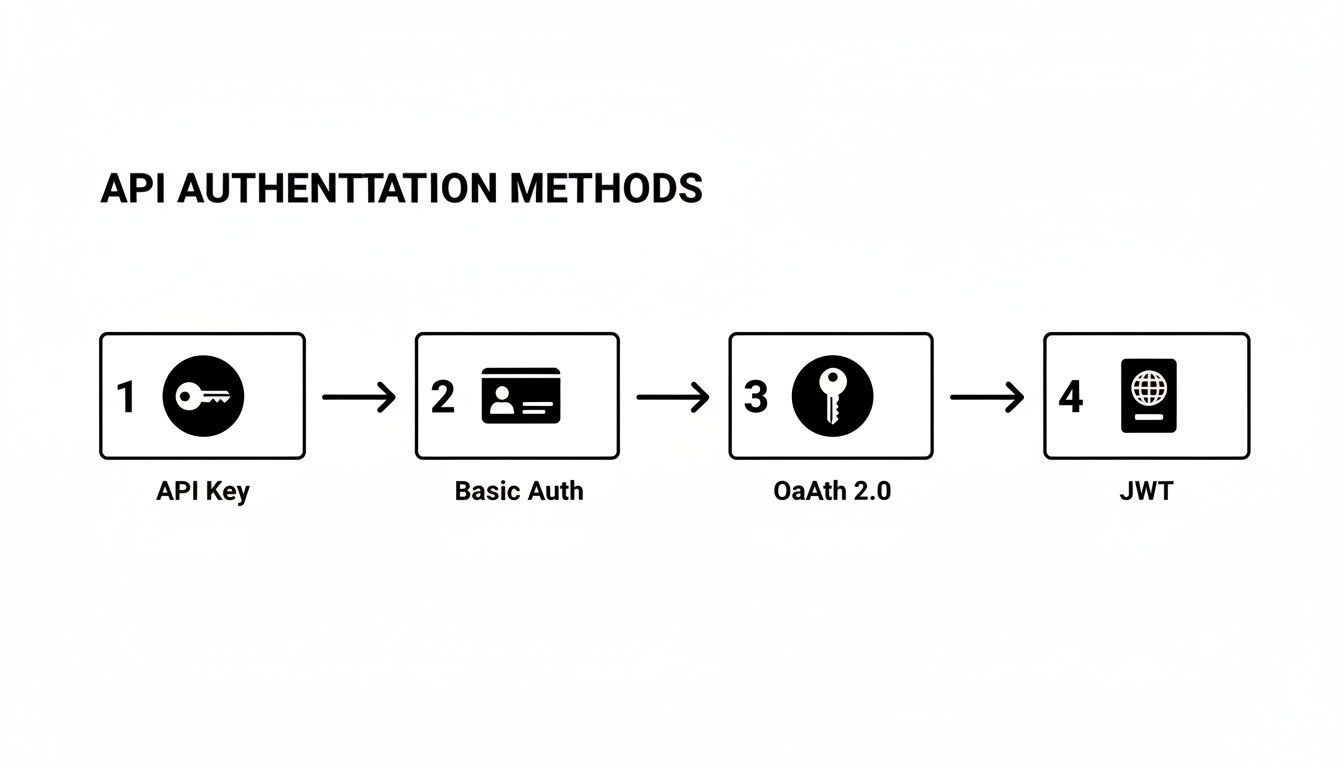 A diagram illustrating four API authentication methods: API Key, Basic Auth, OAuth 2.0, and JWT.