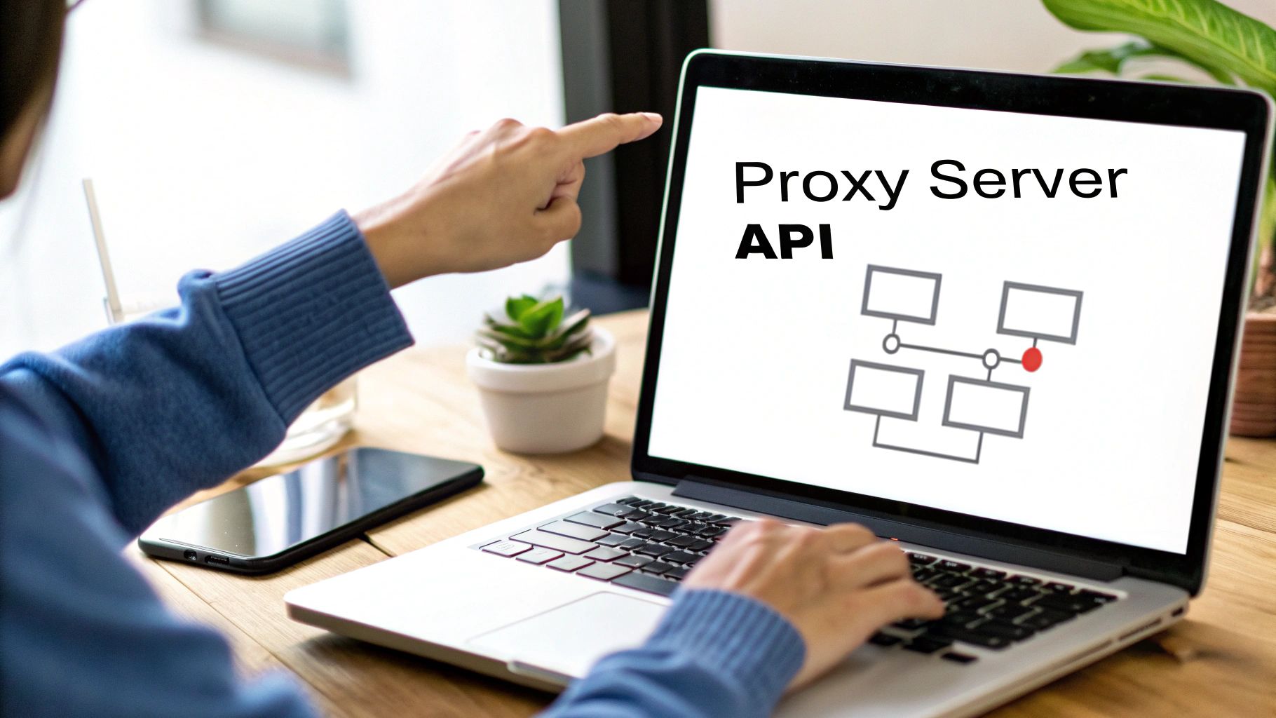 A network diagram showing how a proxy server API acts as an intermediary between a user's application and the internet.