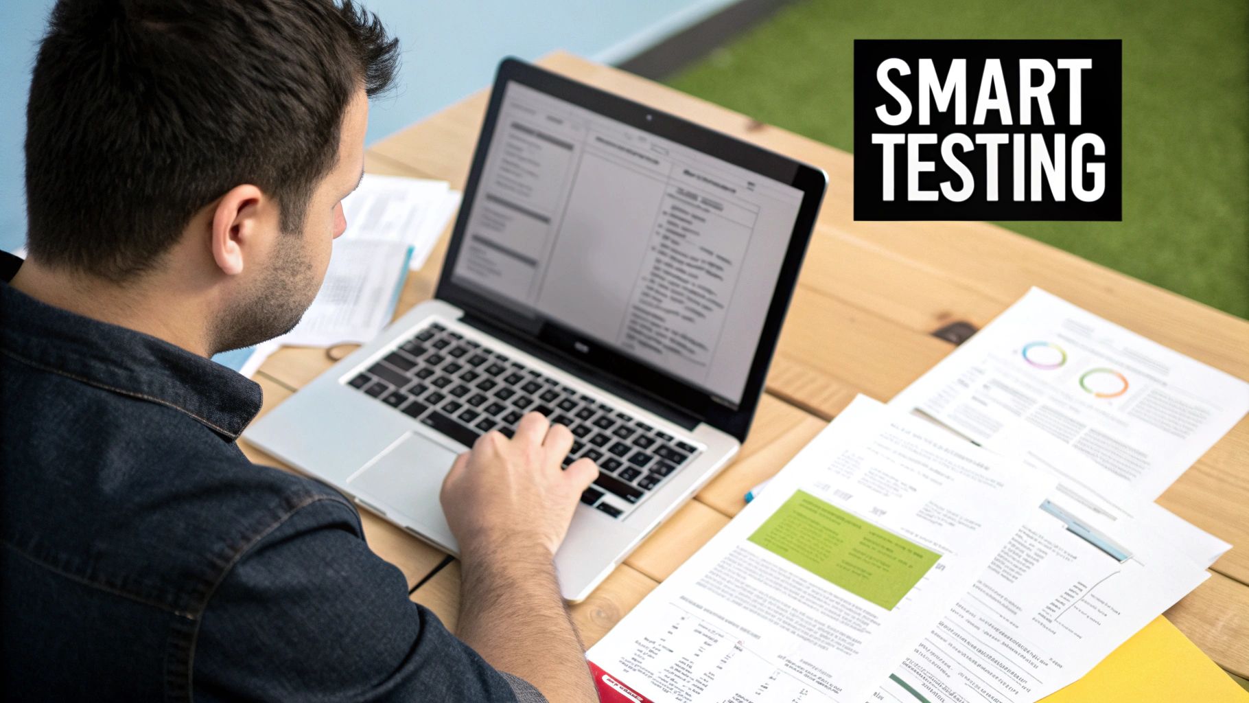 A software tester analyzing data on a computer screen, representing the concept of data driven testing