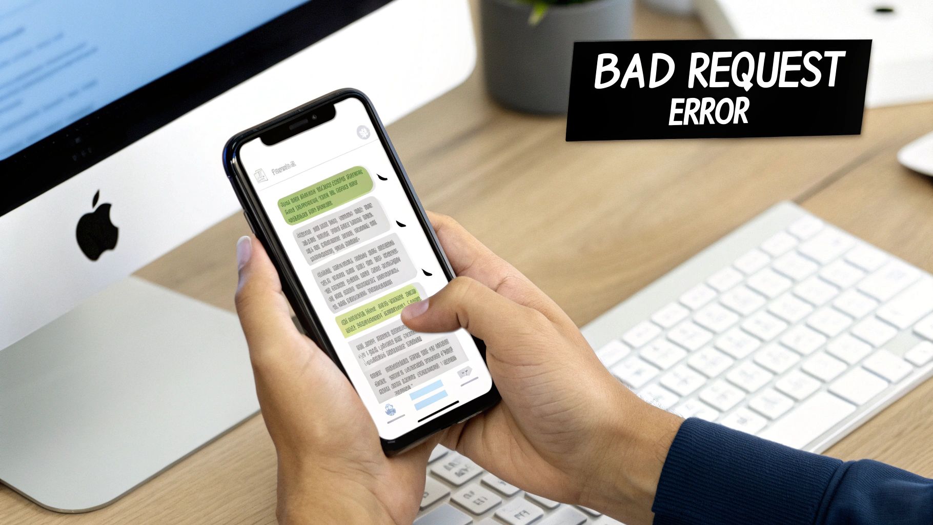 Person holding smartphone displaying bad request error message while working at desk with computer