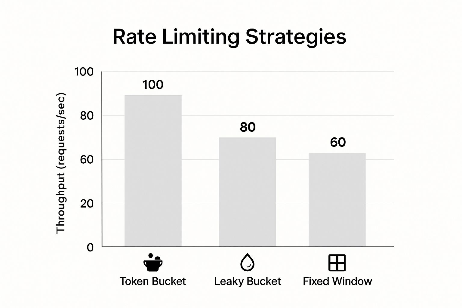 Infographic comparing the typical request throughput of Token Bucket, Leaky Bucket, and Fixed Window rate limiting algorithms.