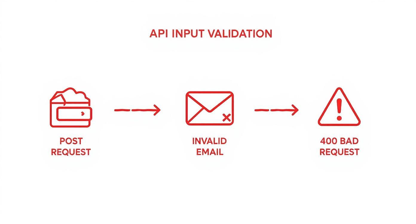 Diagram illustrating API input validation: a POST request with an invalid email leads to a 400 Bad Request error.