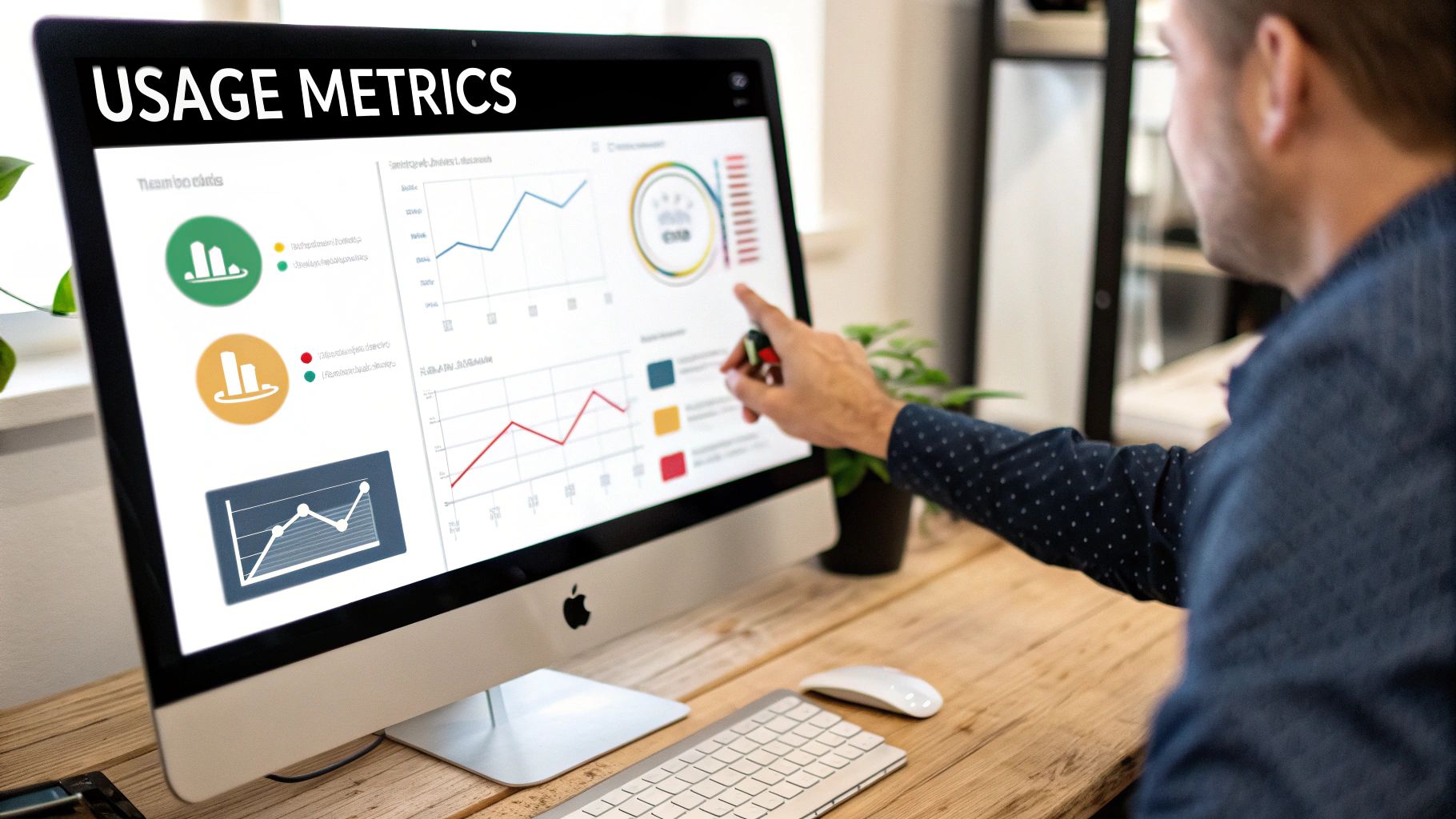 Professional analyzing usage metrics dashboard displaying charts, graphs, and performance data on computer screen