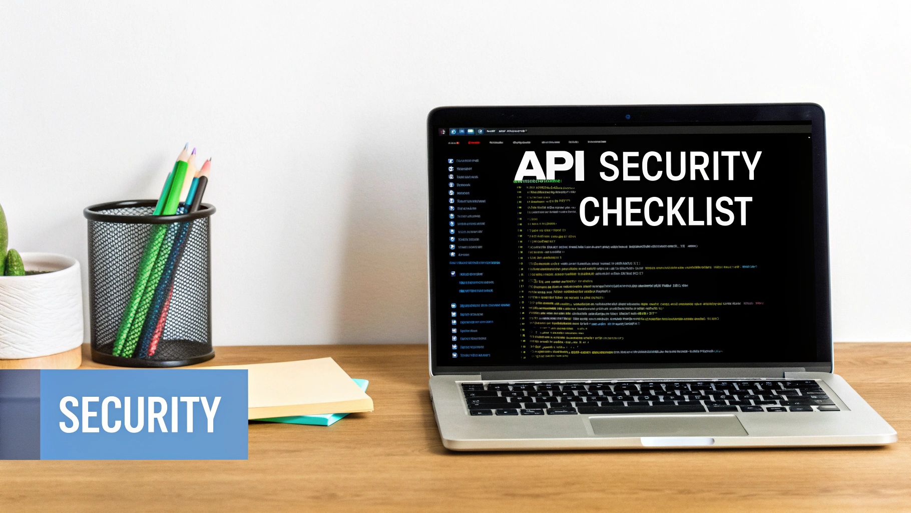 A laptop on a wooden desk showing an 'API SECURITY CHECKLIST' on its screen.