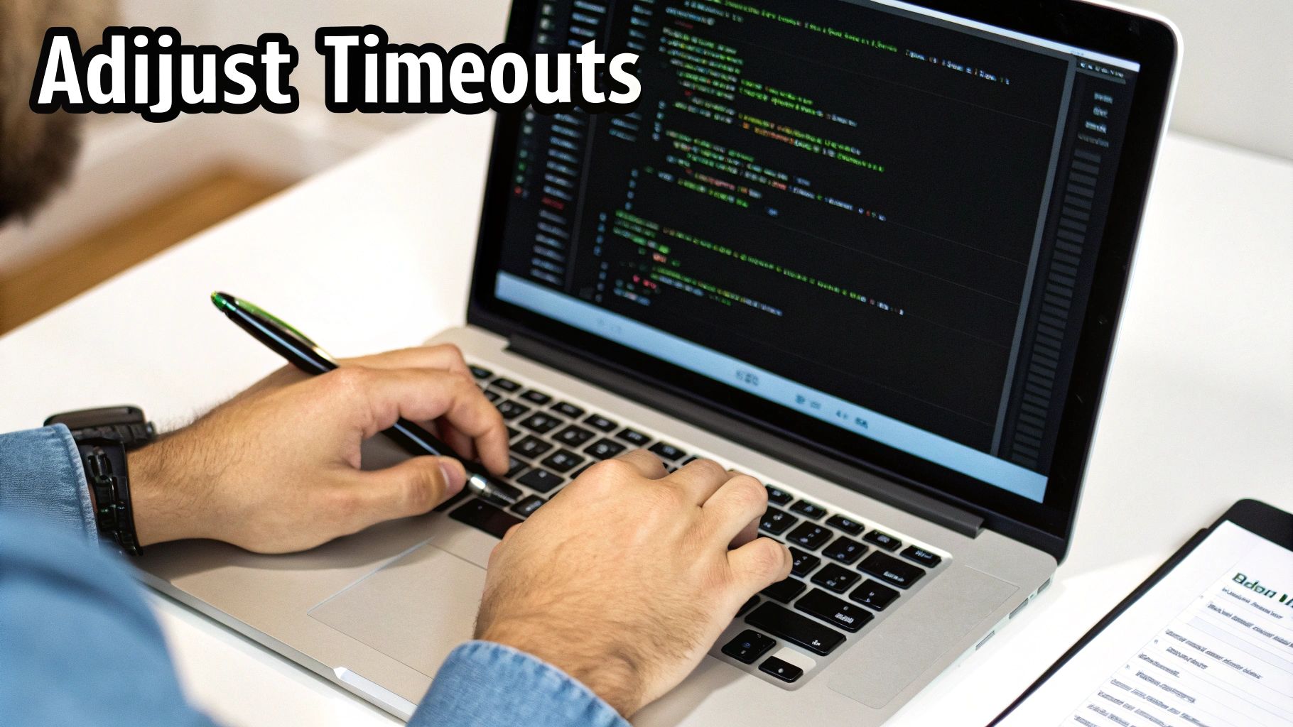 A person with a pen in hand, typing code on a laptop screen displaying "Adjust Timeouts".