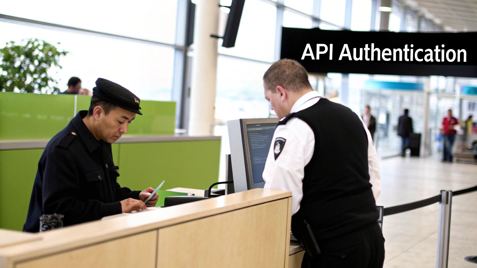 Two staff members at a security desk under an 'API Authentication' sign, checking information.