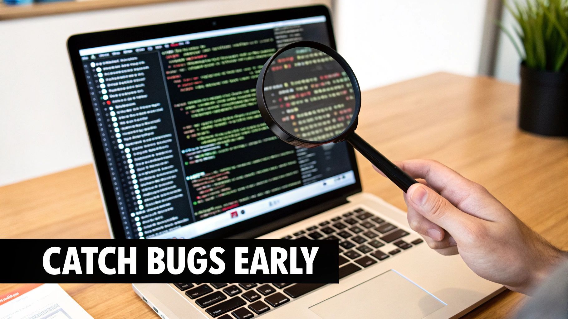 A hand holds a magnifying glass over a laptop screen displaying code, highlighting debugging.