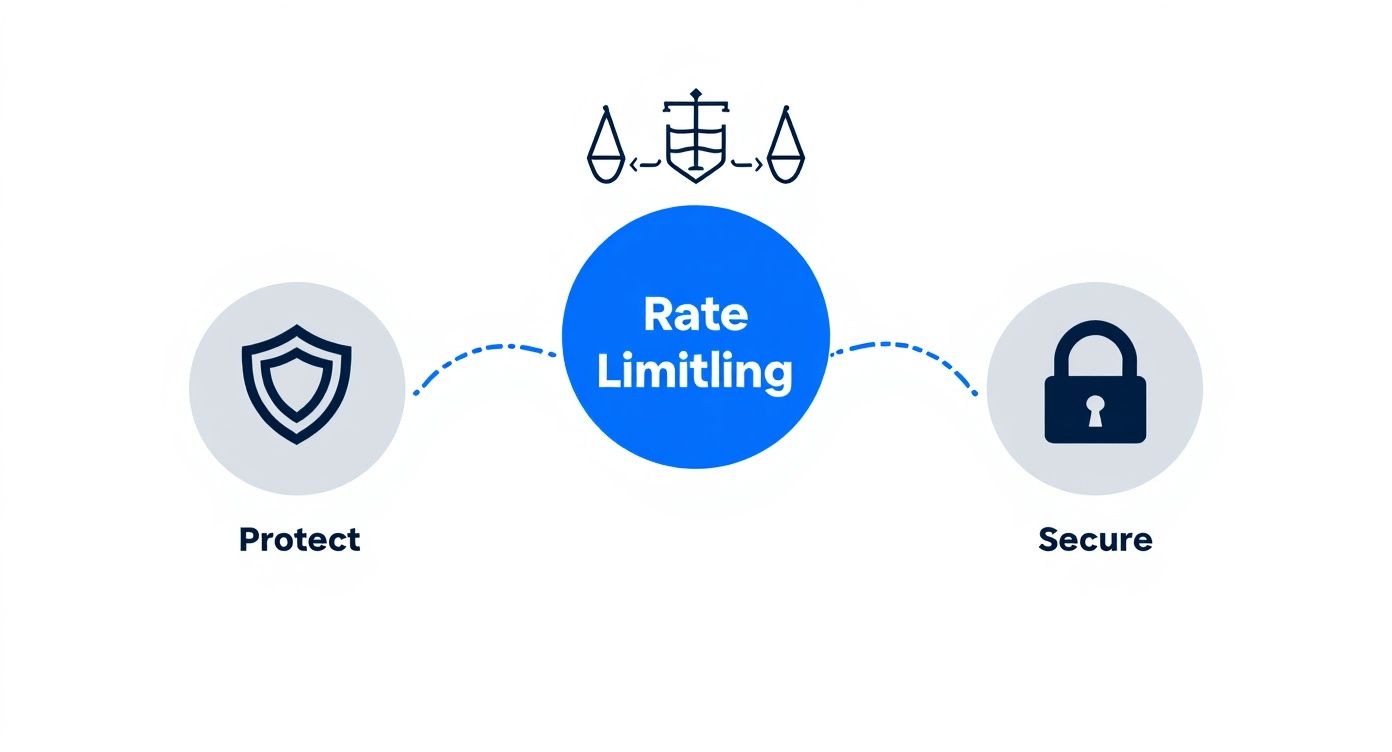 Rate limiting diagram showing protect and secure concepts connected to central blue circle with ship anchor icon