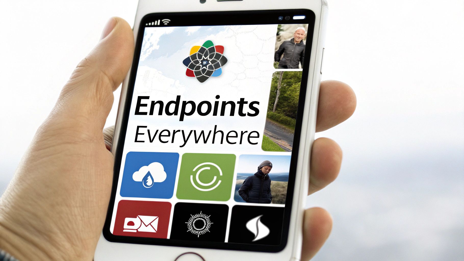 A person checking the weather on their phone with a city skyline in the background