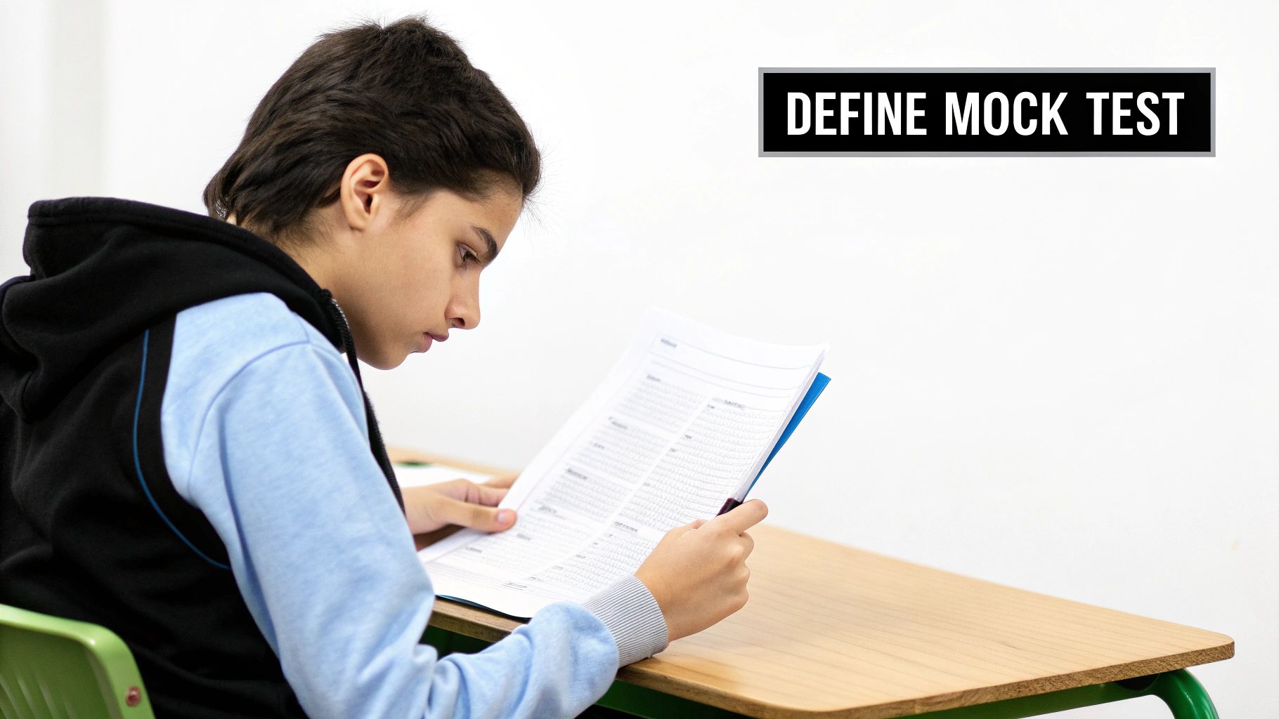 A person studying at a desk with a laptop and notebook, preparing for a test.