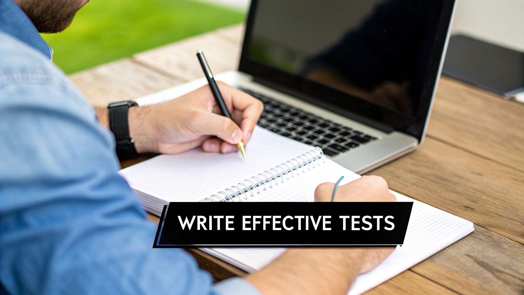 A team collaborating around a digital whiteboard, planning a test suite.