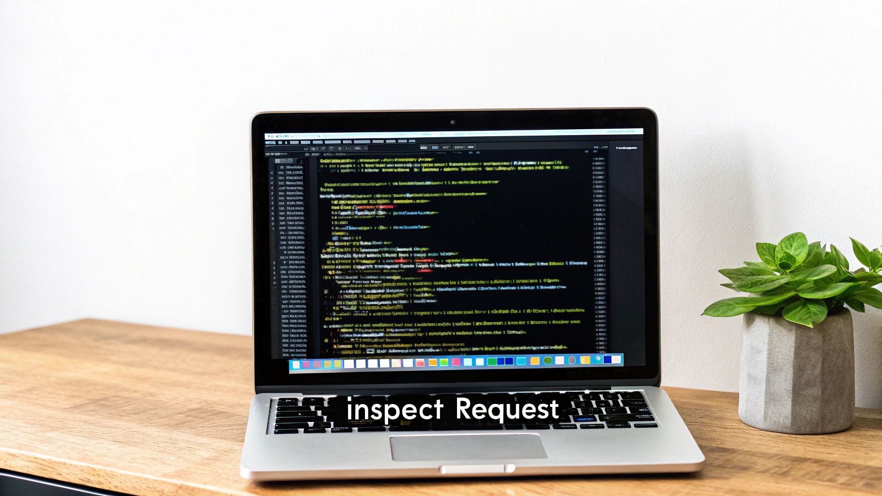 Laptop displaying code editor with inspect request text on keyboard for web development debugging