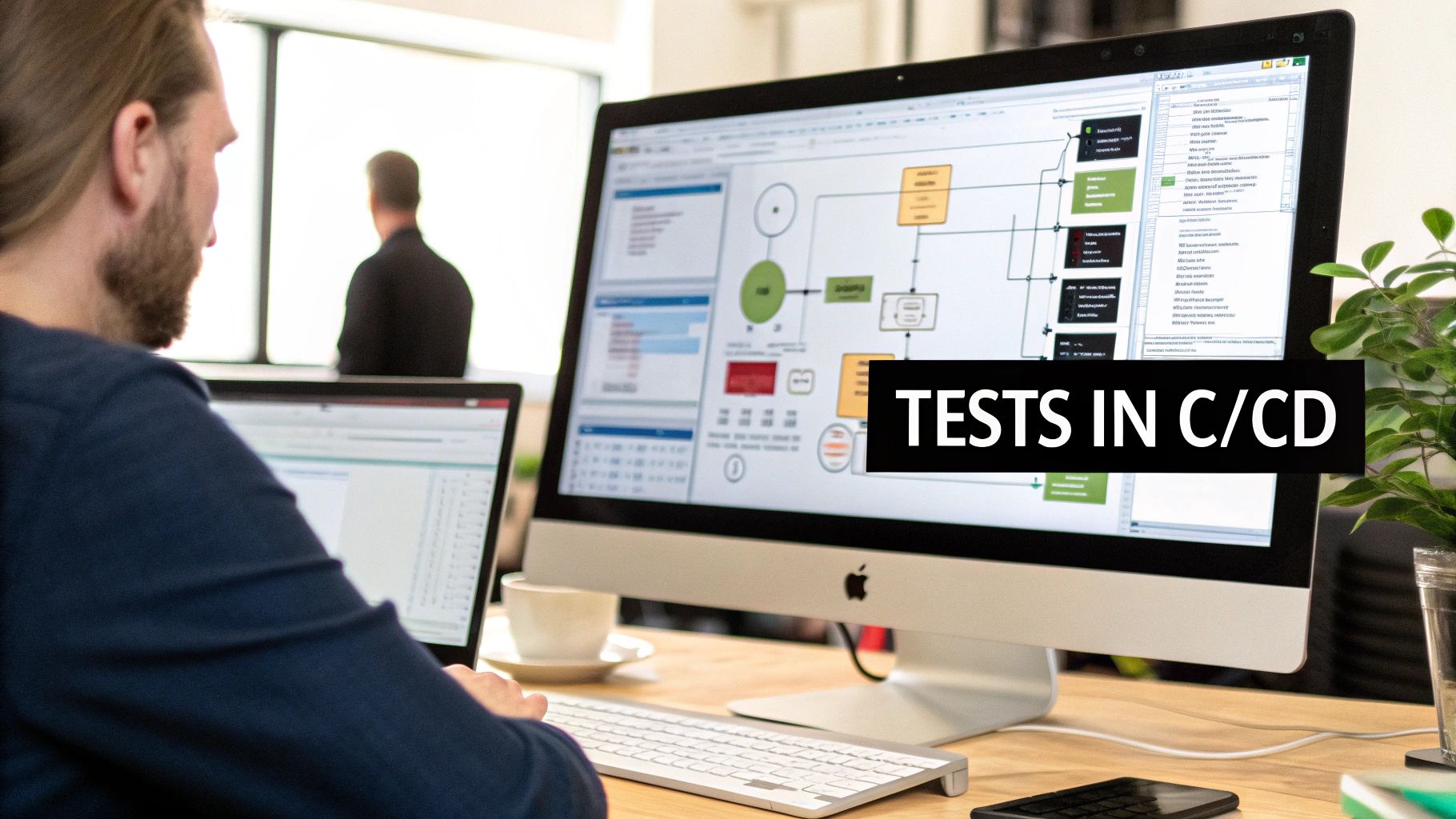 A person works on a computer, viewing a diagram with 'TESTS IN C/CD' on the screen.