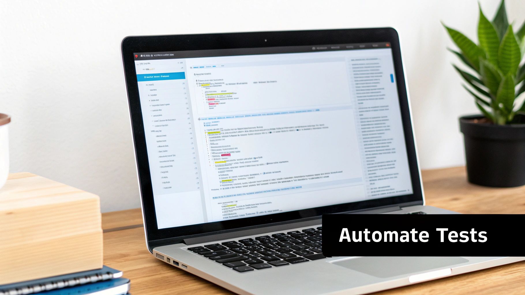Laptop displaying test automation software on a wooden desk with a plant and notebooks.