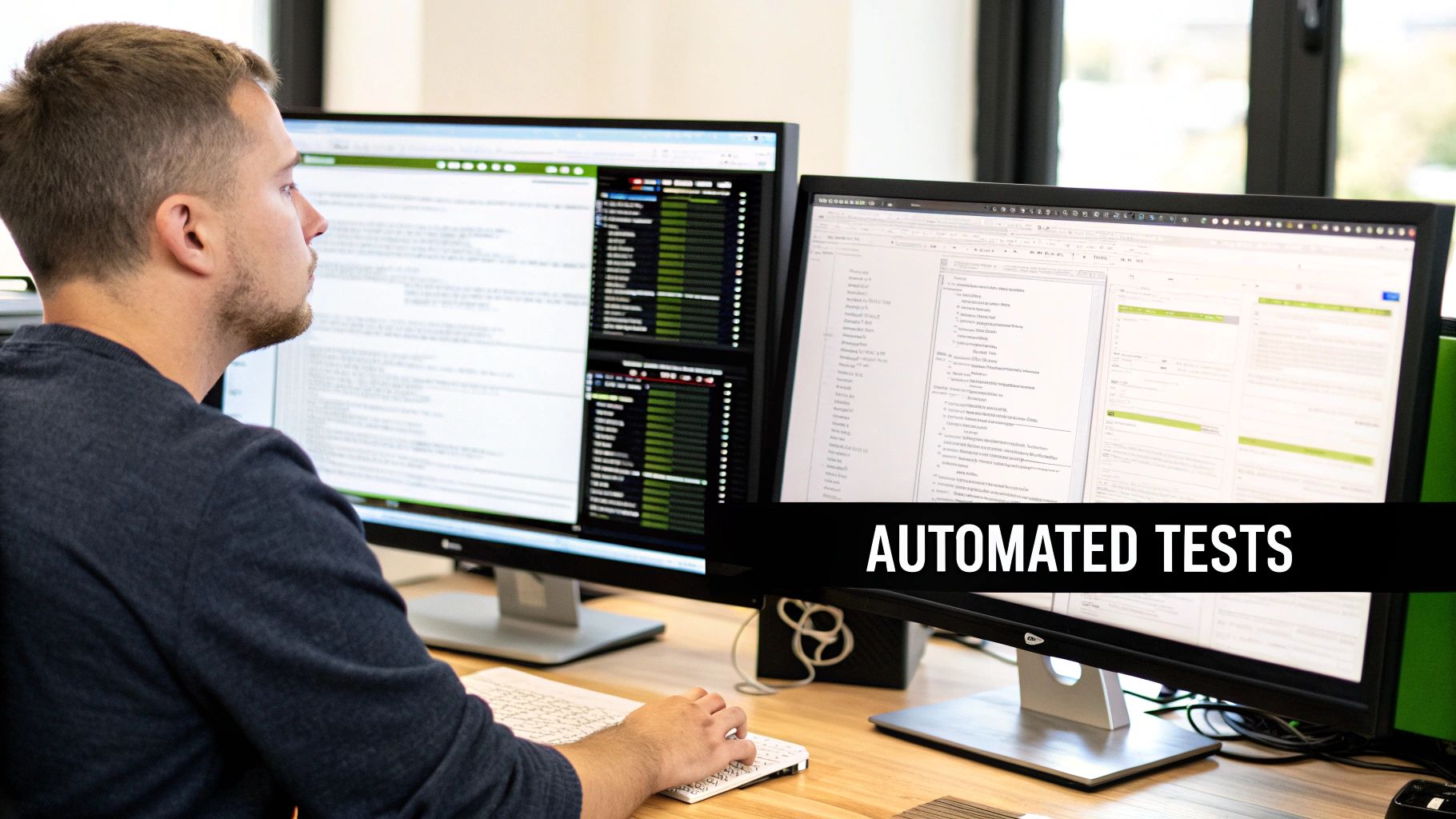 A diagram showing interconnected gears representing the integration of automated and manual testing processes.