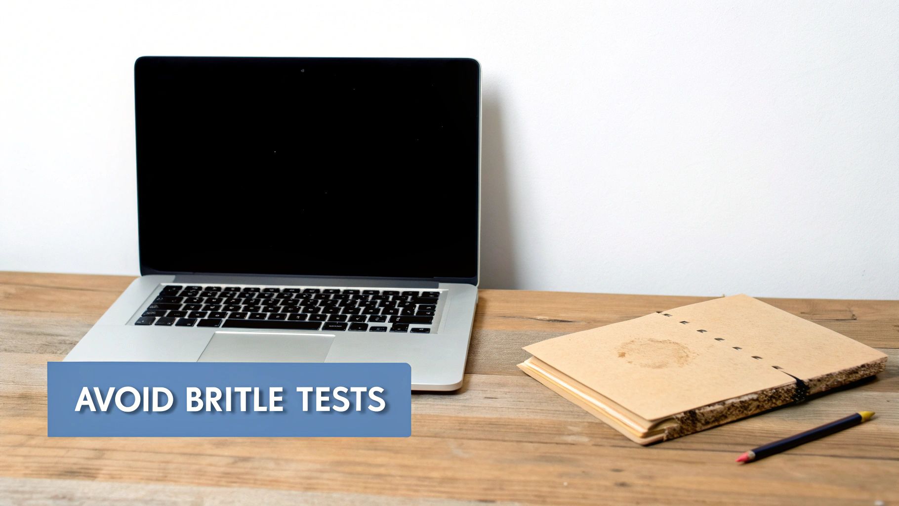 A laptop, notebook, and pencil sit on a wooden desk, with a blue banner reading 'AVOID BRITTLE TESTS'.
