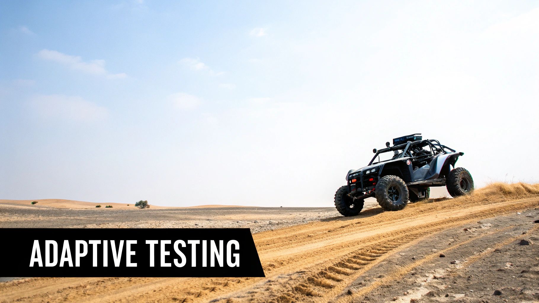 Off-road buggy vehicle performing adaptive testing on desert terrain with sandy dunes