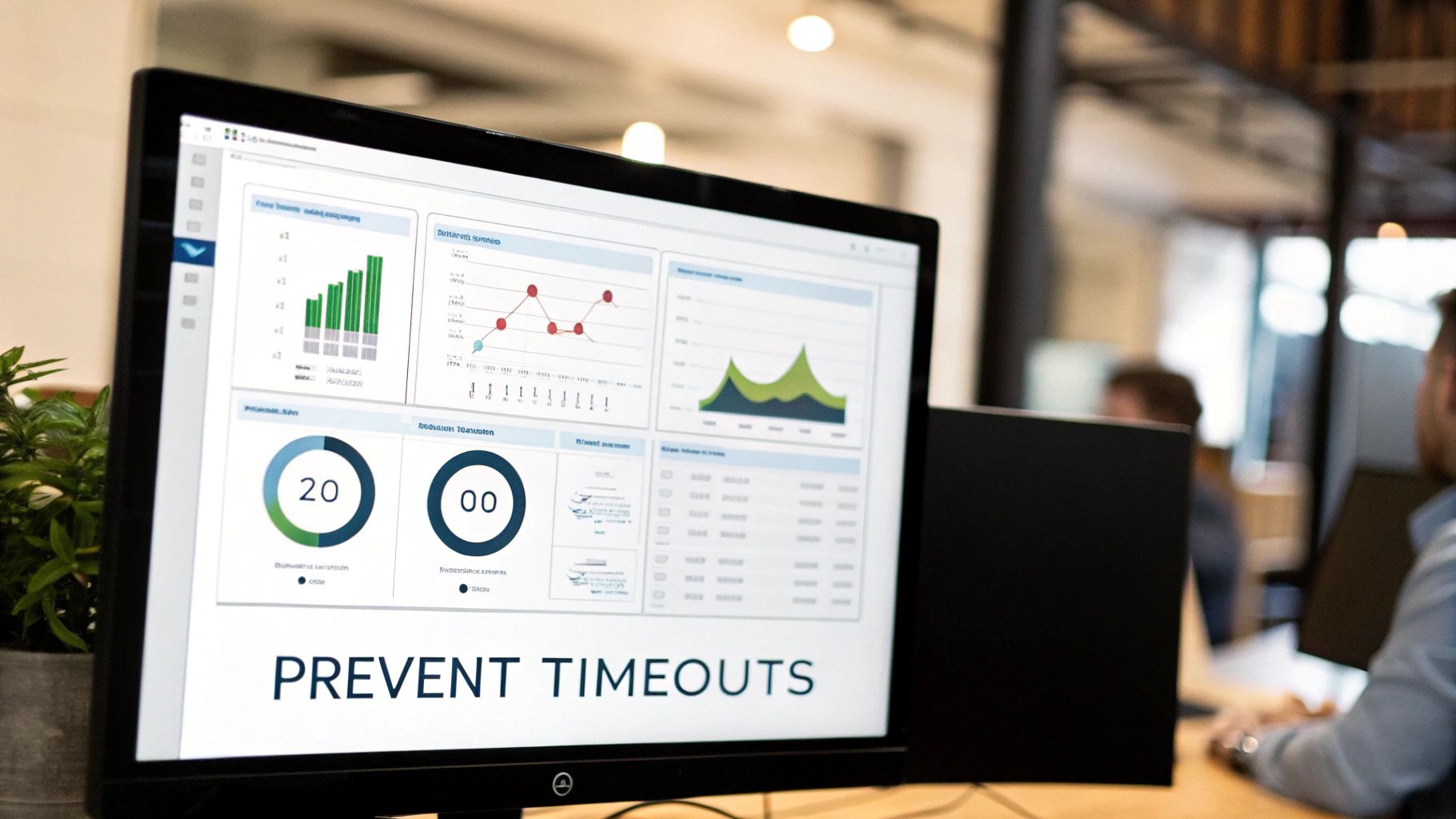 Computer monitor showing a dashboard with performance analytics, charts, graphs, and 'PREVENT TIMEOUTS' text.