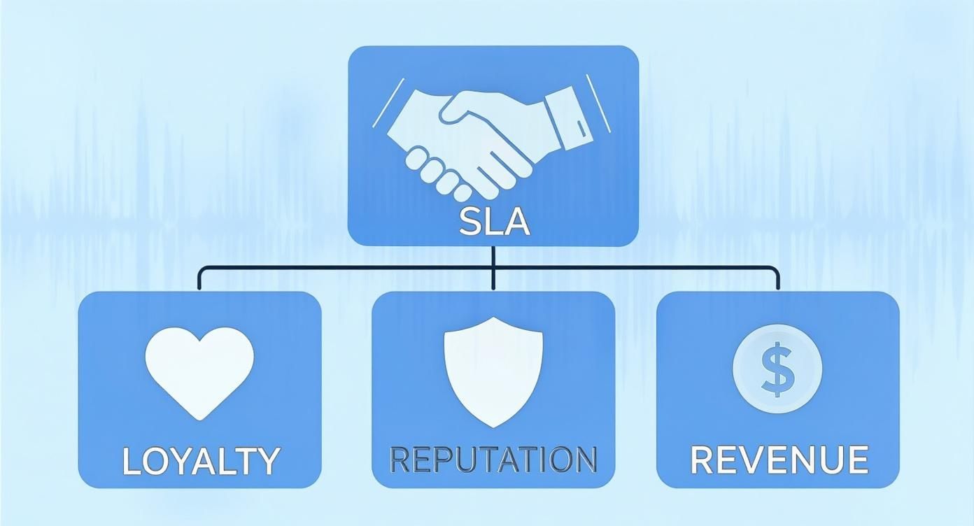 SLA diagram showing three benefits: customer loyalty with heart icon, reputation with shield, and revenue with dollar sign
