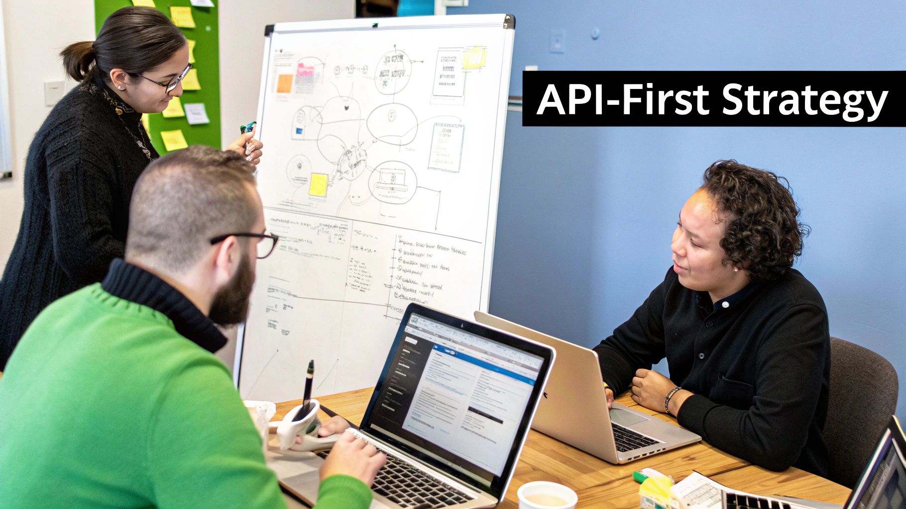 A diagram showing a central API connecting various front-end applications like web, mobile, and IoT devices, illustrating the API-first strategy.