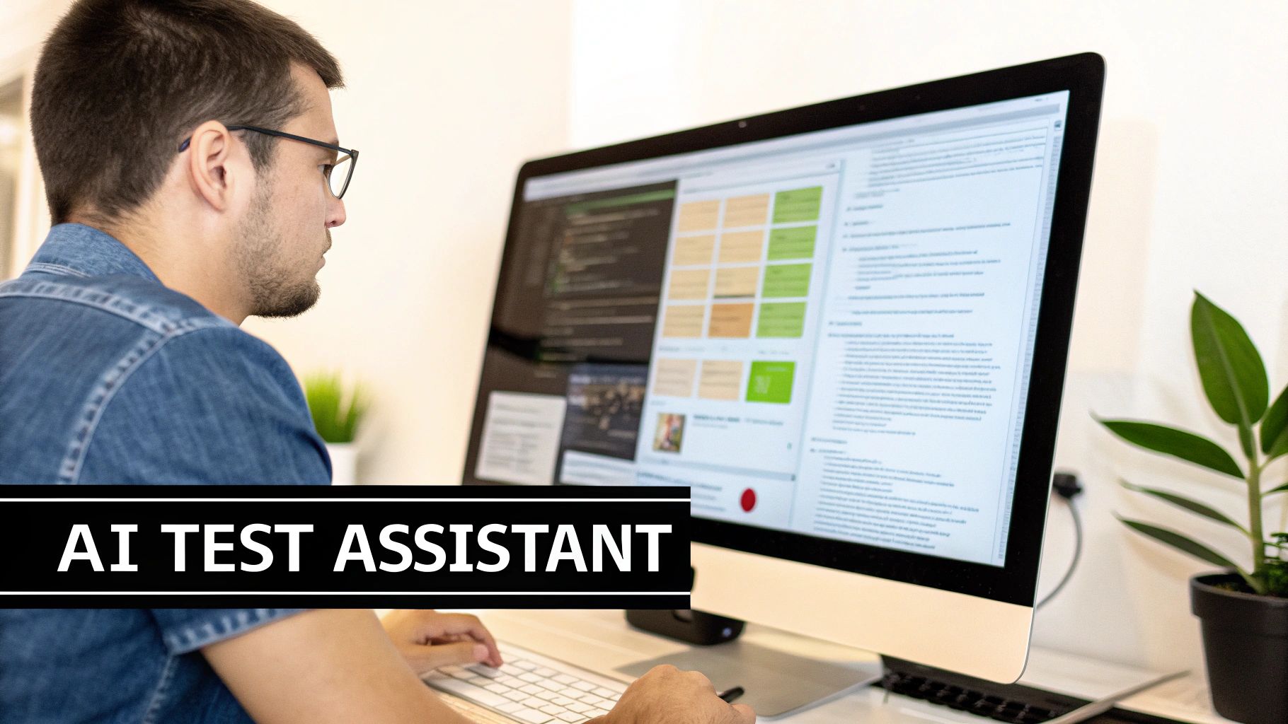 A man in a denim shirt and glasses works on a computer displaying software, with 'AI TEST ASSISTANT' text.
