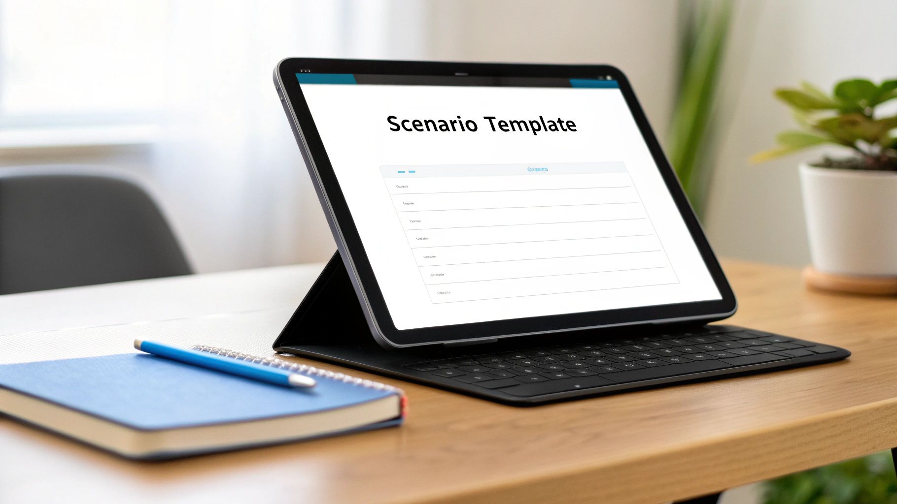 A structured template for test scenarios on a digital screen, showing fields like ID, User Story, and Priority.