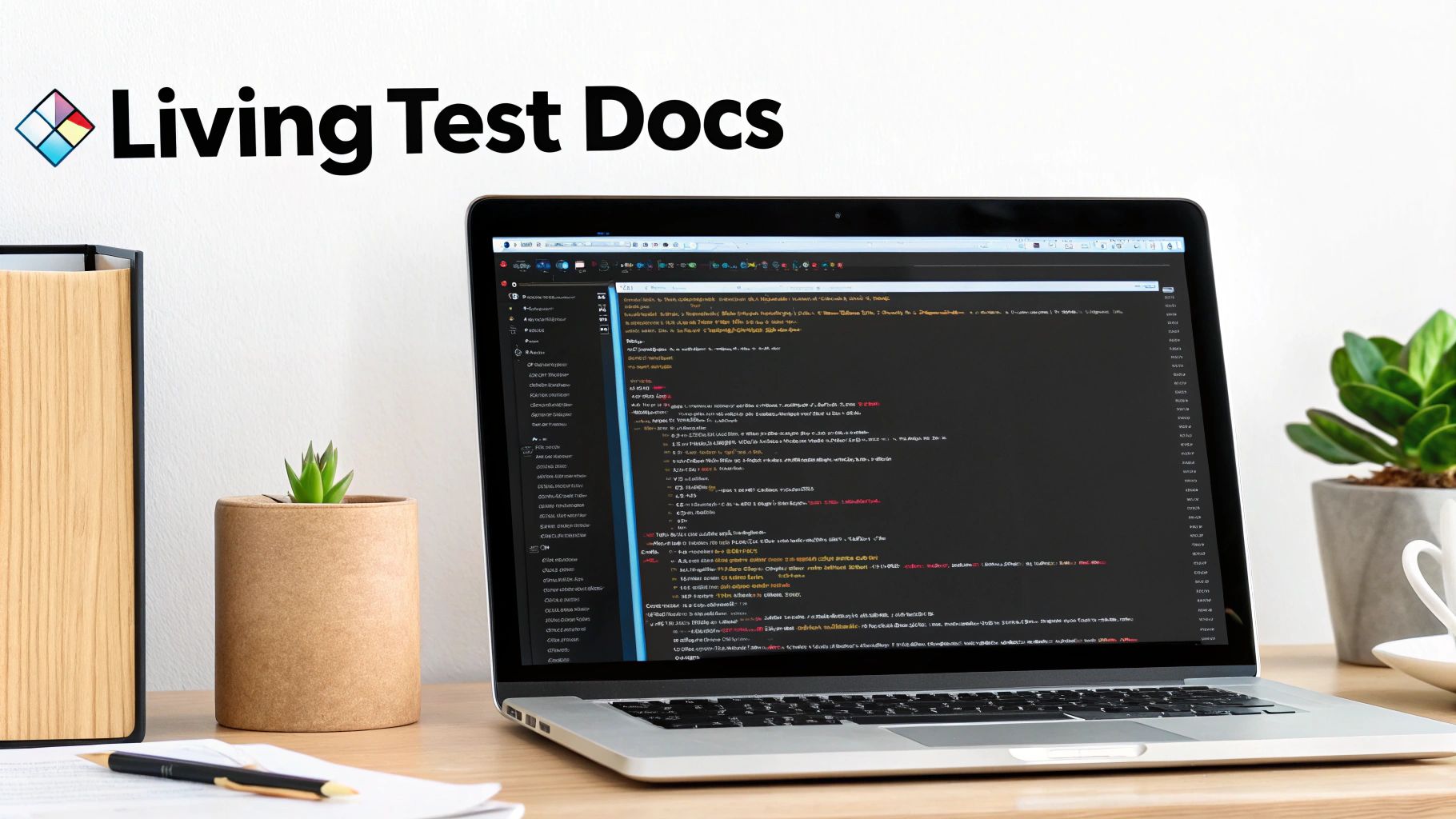 A laptop displaying code on a desk, a plant, and 'Living Test Docs' logo.
