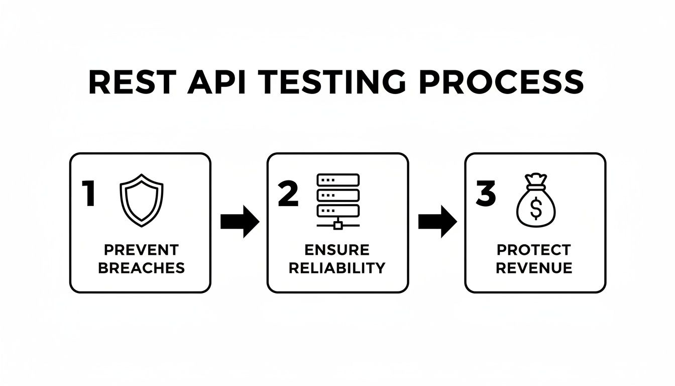 Diagram illustrating the REST API testing process, covering preventing breaches, ensuring reliability, and protecting revenue.