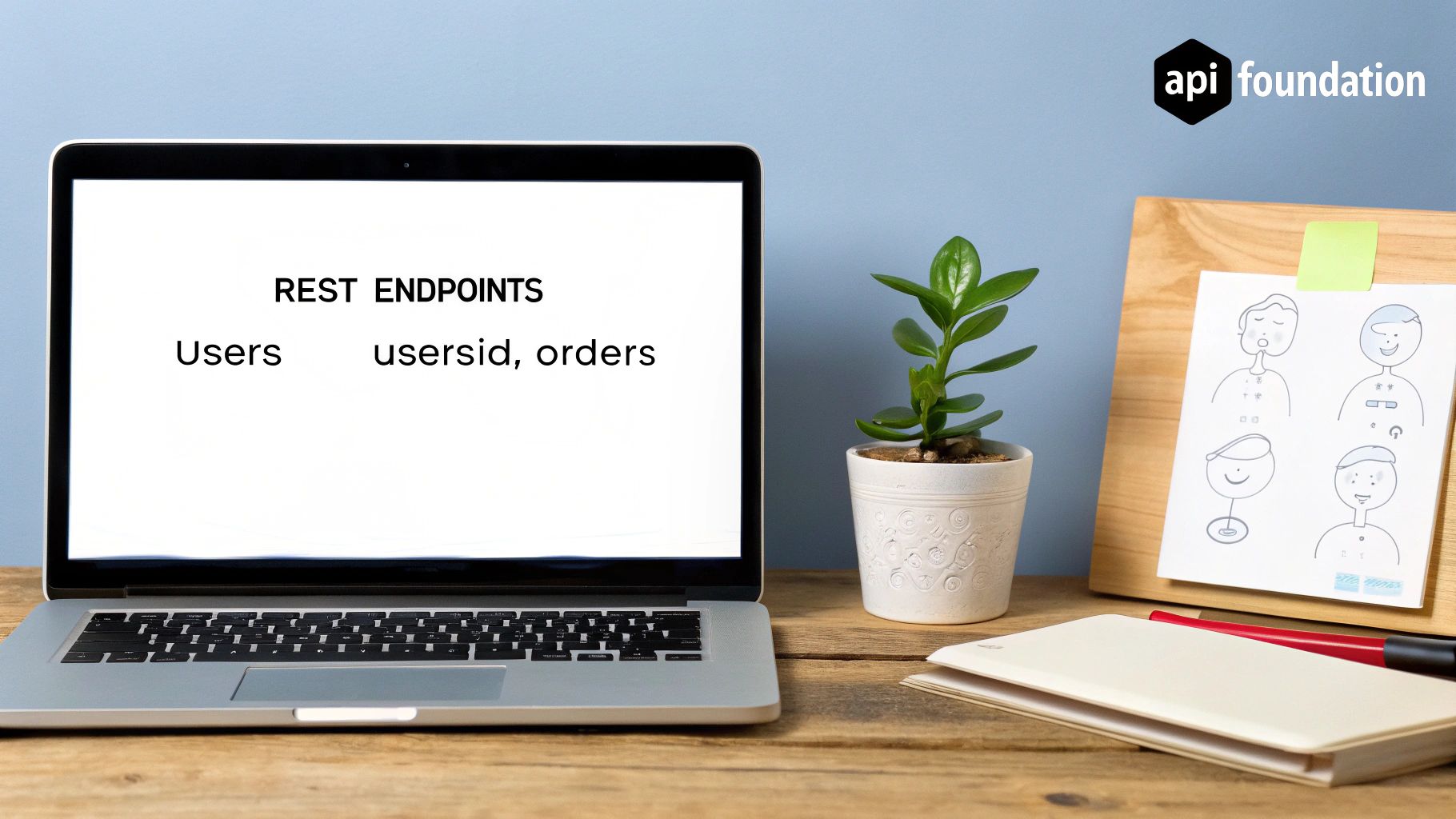 A laptop screen displays 'REST ENDPOINTS' with user paths on a desk with a plant and the API Foundation logo.