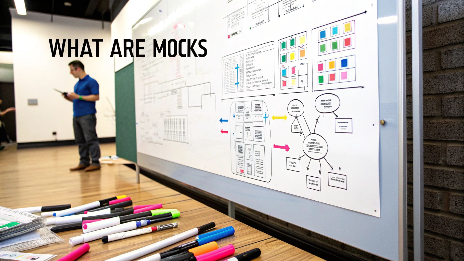 A developer collaborating with a team in front of a whiteboard, sketching out interaction diagrams and component relationships, symbolizing behavior verification.