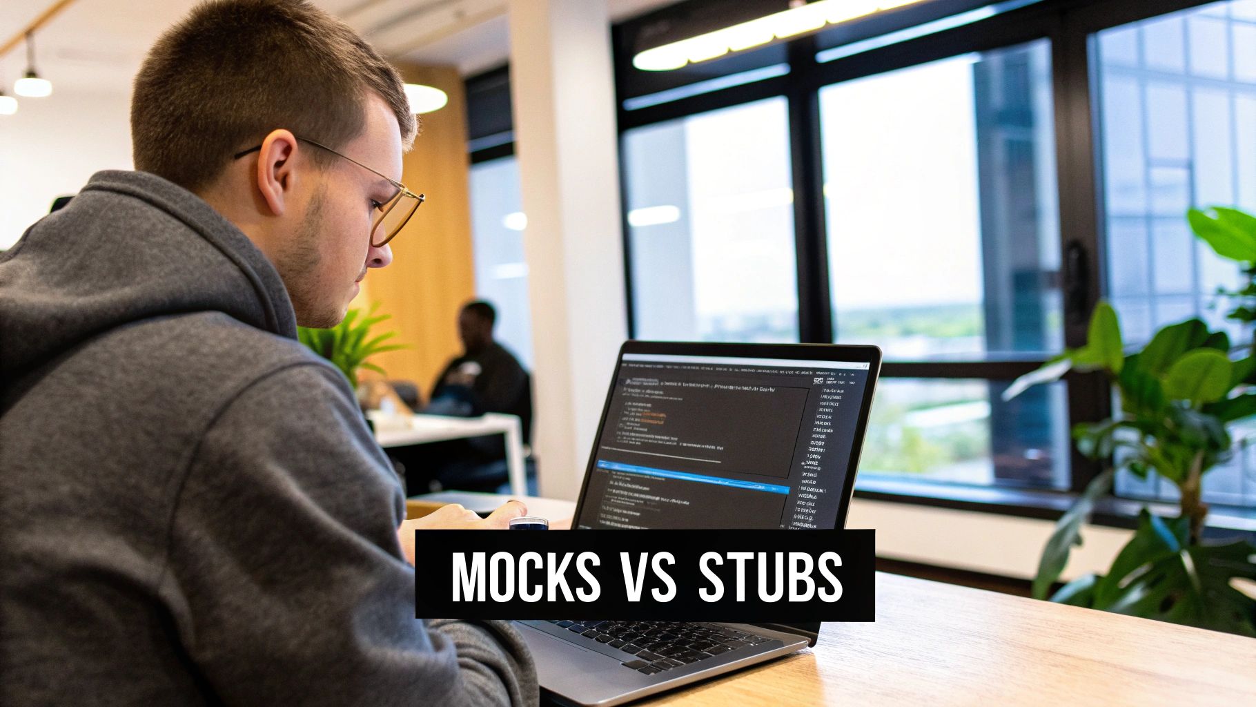 An abstract image representing the concepts of mocks and stubs in software development, possibly with interconnected blocks or nodes.