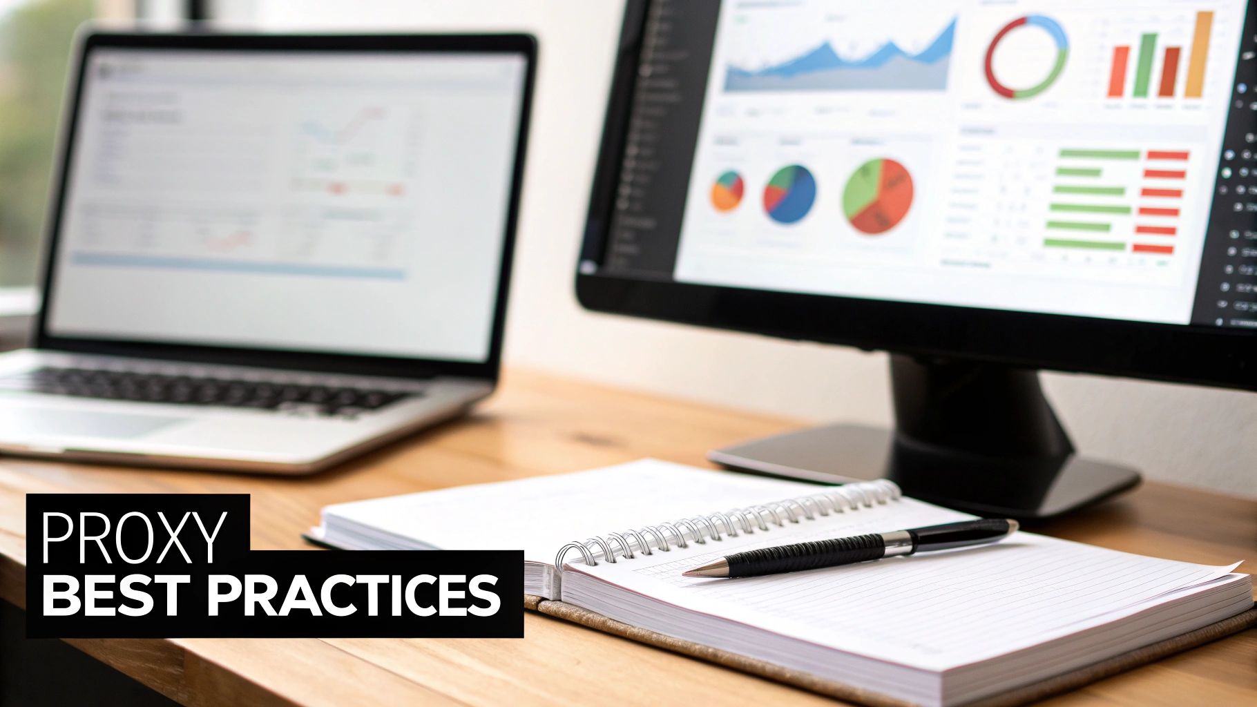 A checklist graphic with items like IP rotation, error handling, and security monitoring.