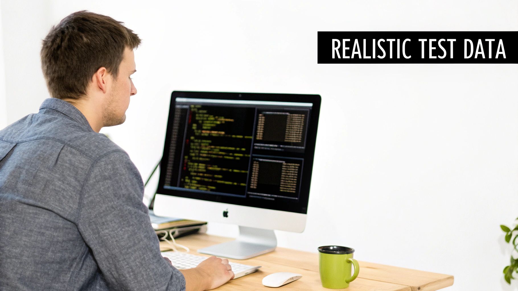 A man codes on a computer at a desk, with a green mug and 'REALISTIC TEST DATA' banner.