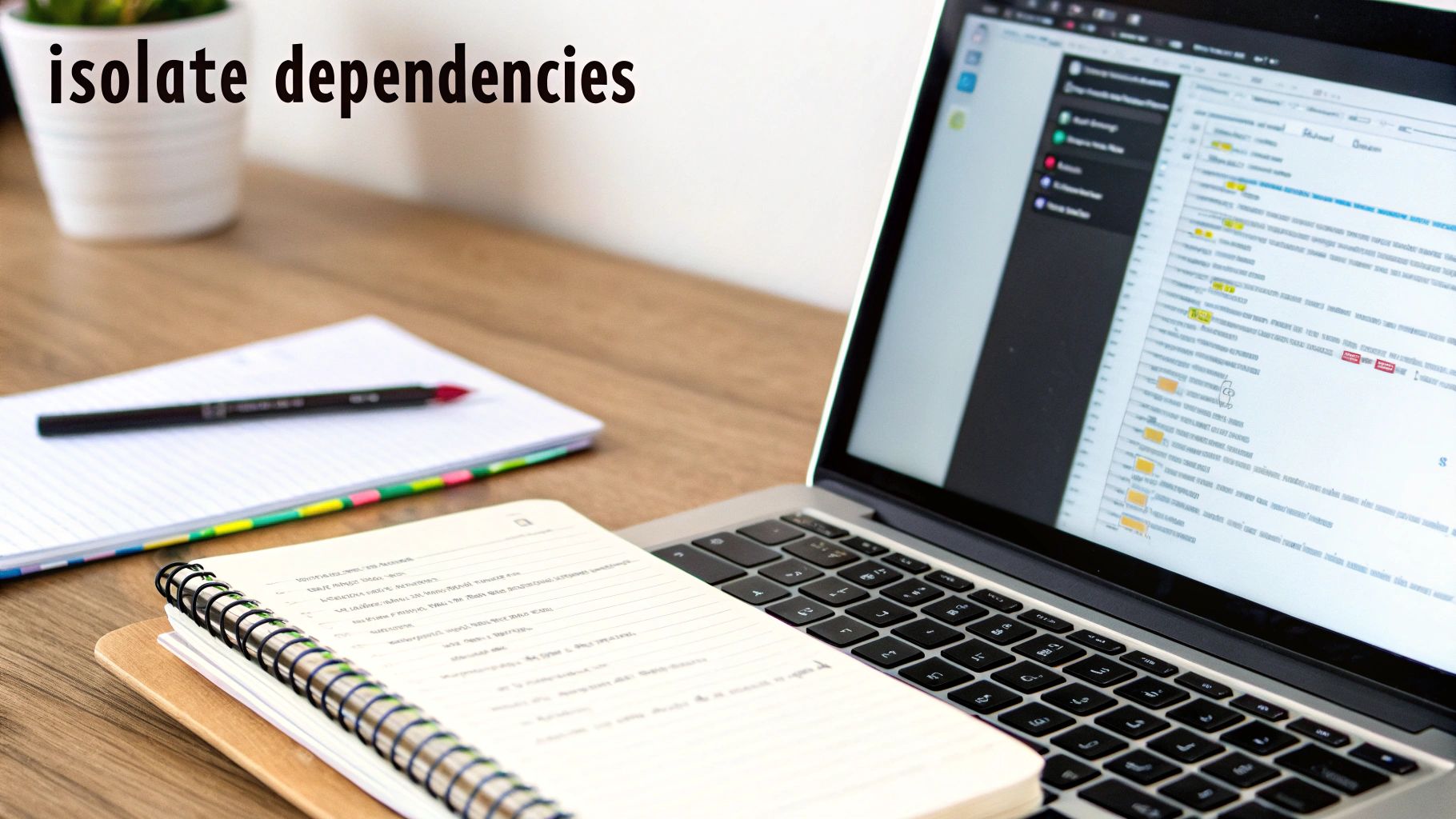 A developer at a computer, with code on the screen showing a workflow diagram of mock testing implementation.