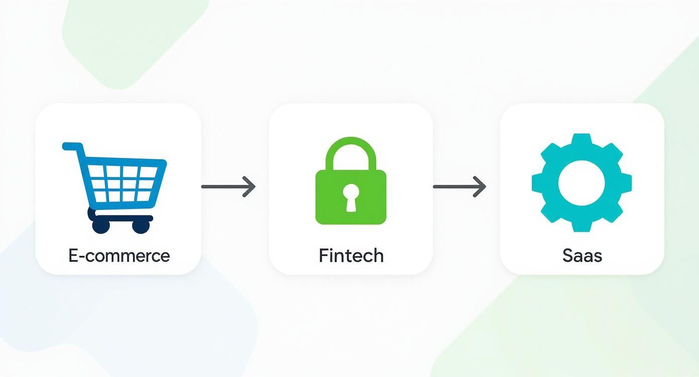 Flow diagram showing progression from e-commerce through fintech to SaaS business models with icons