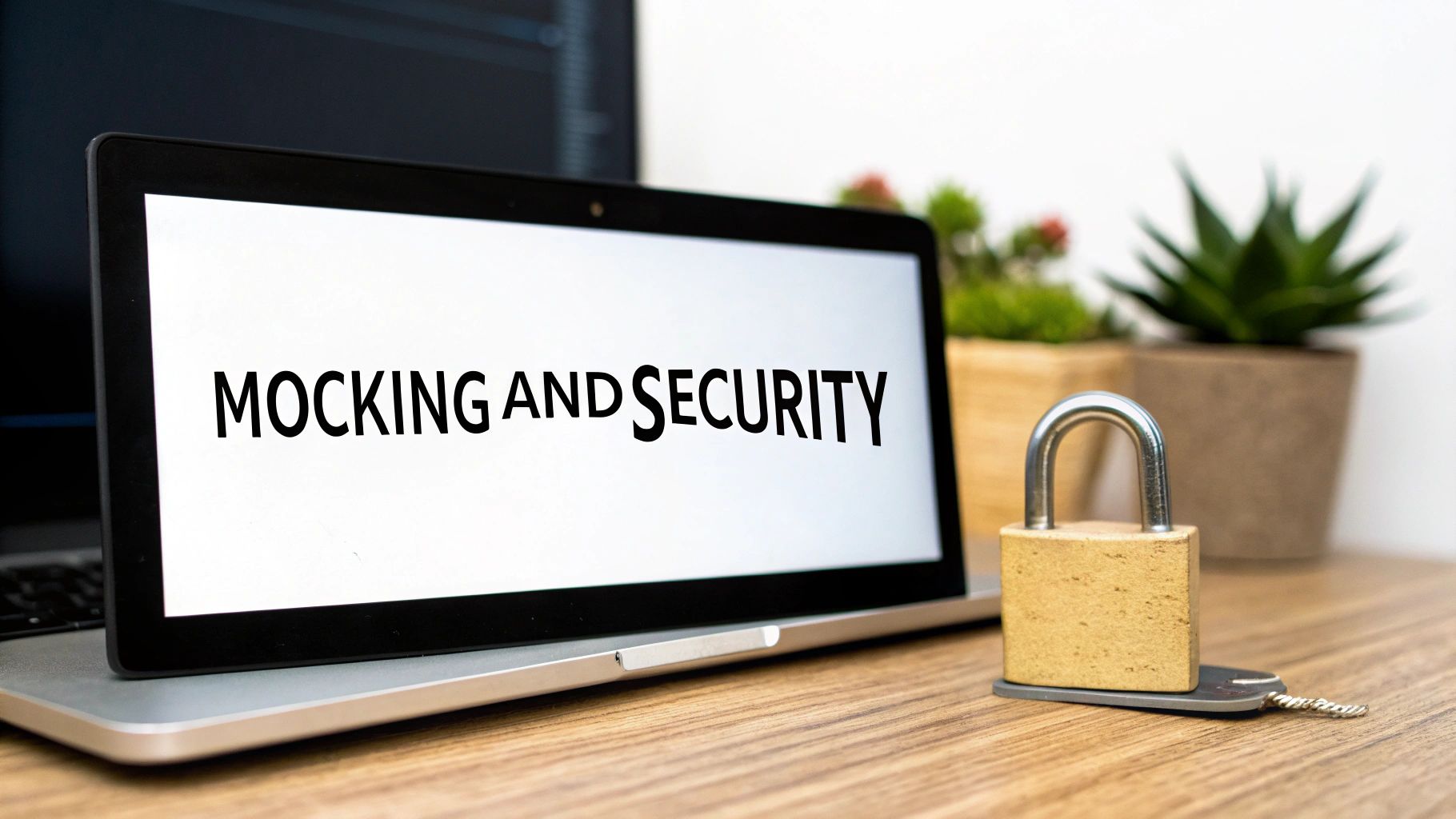 A laptop displaying 'MOCKING AND SECURITY' on its screen, with a padlock and key on a wooden desk.