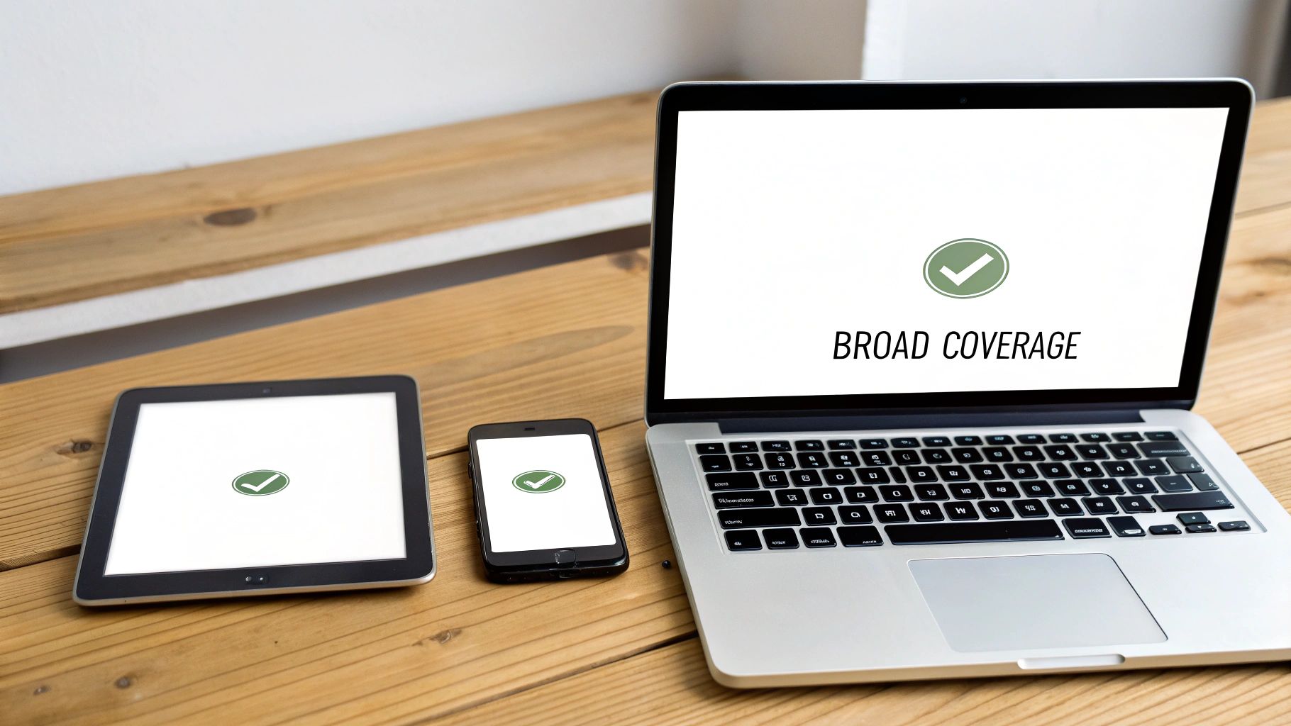 A laptop, tablet, and smartphone displaying a green checkmark and 'Broad Coverage' on a wooden desk.