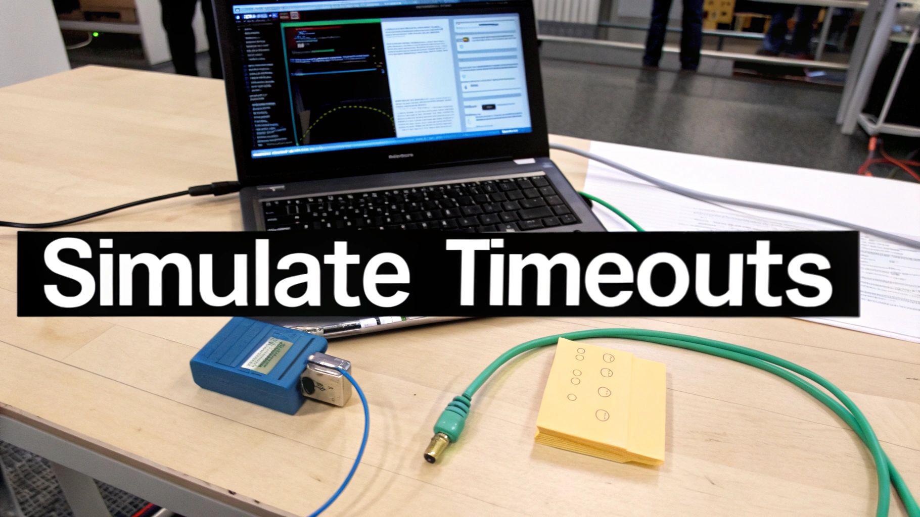 A laptop on a wooden table with text 'Simulate Timeouts' overlaid, showing cables and devices.