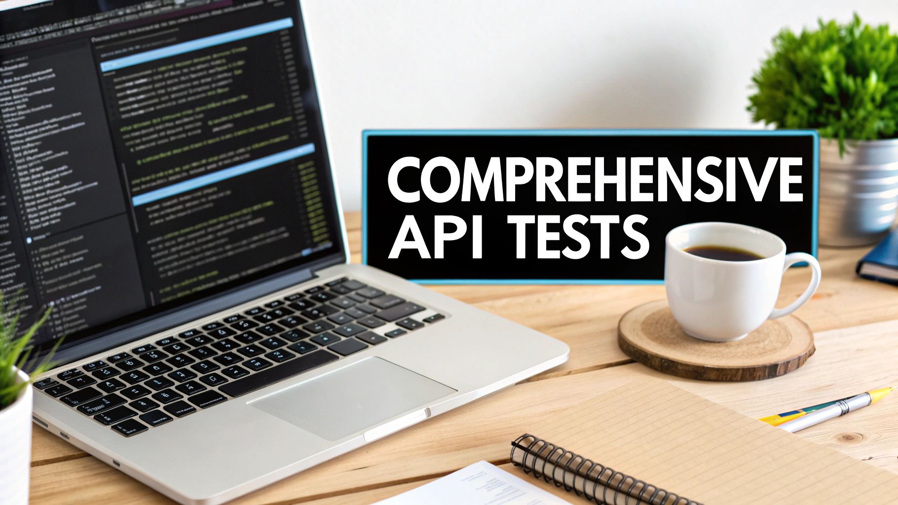 A laptop showing code, a 'COMPREHENSIVE API TESTS' sign, coffee, and notebook on a wooden desk.