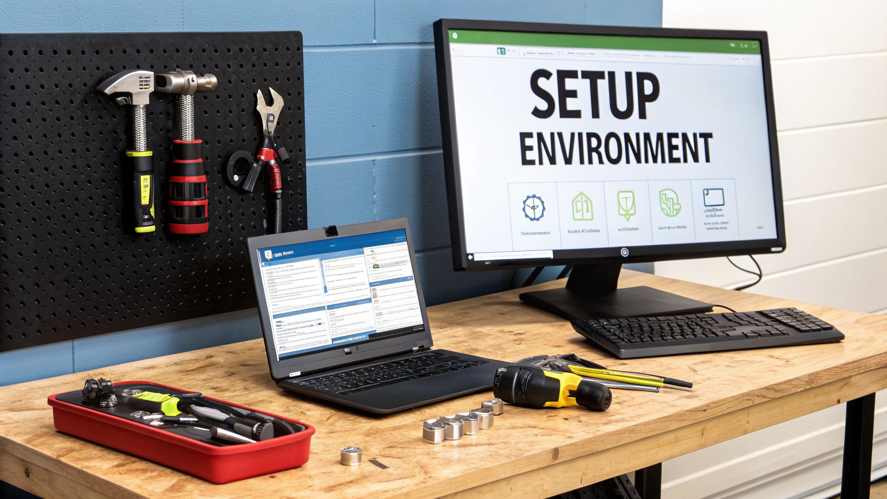 A clean and organized developer's desk with a laptop, reflecting a ready-to-use testing environment.