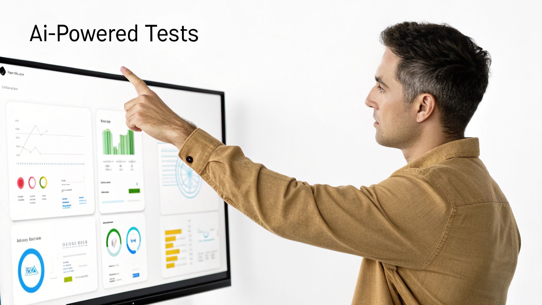 Professional man pointing at AI-powered test automation dashboard displaying data analytics and performance metrics
