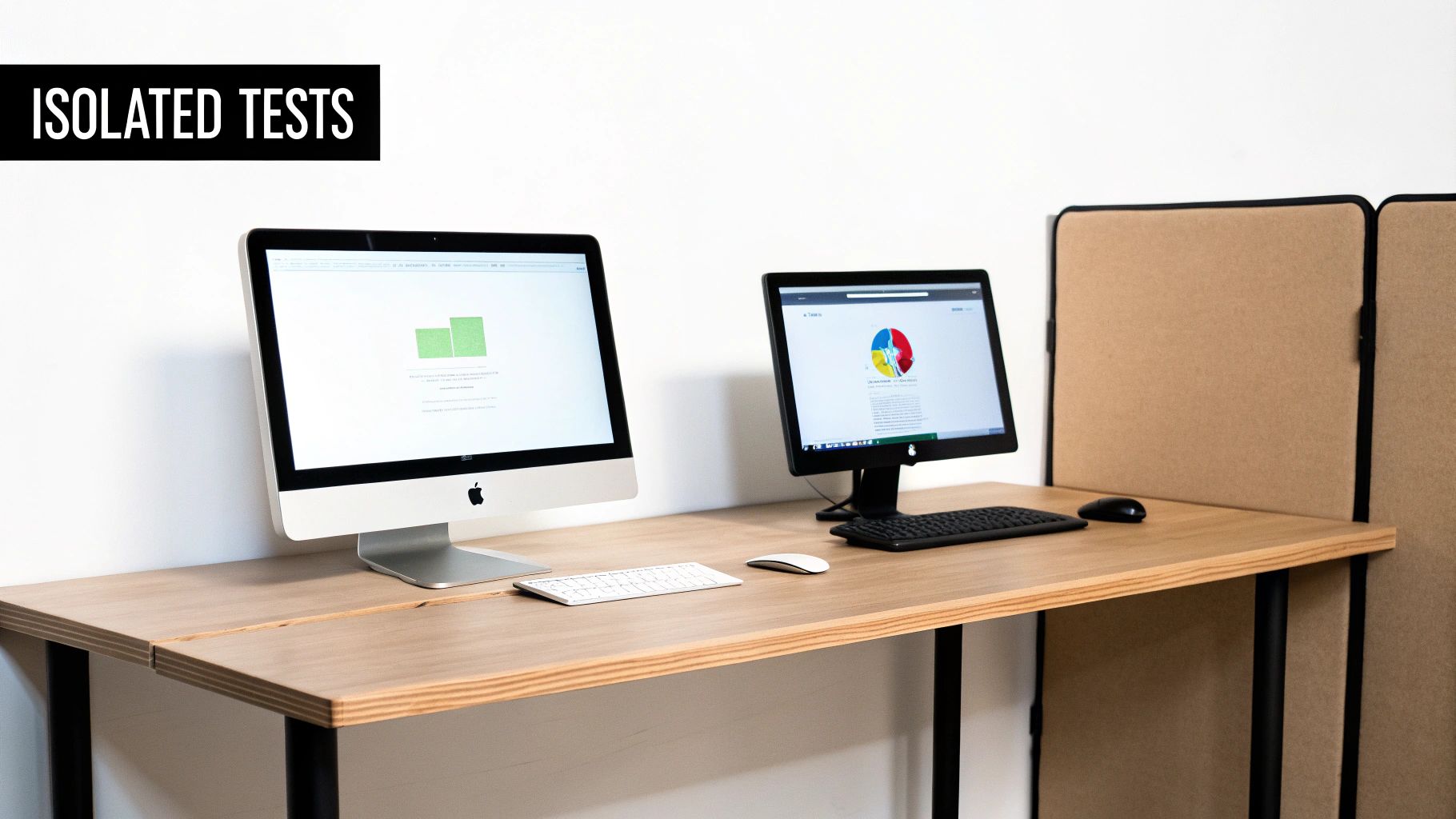 Two computer workstations on a wooden desk display data, suitable for isolated testing environments.