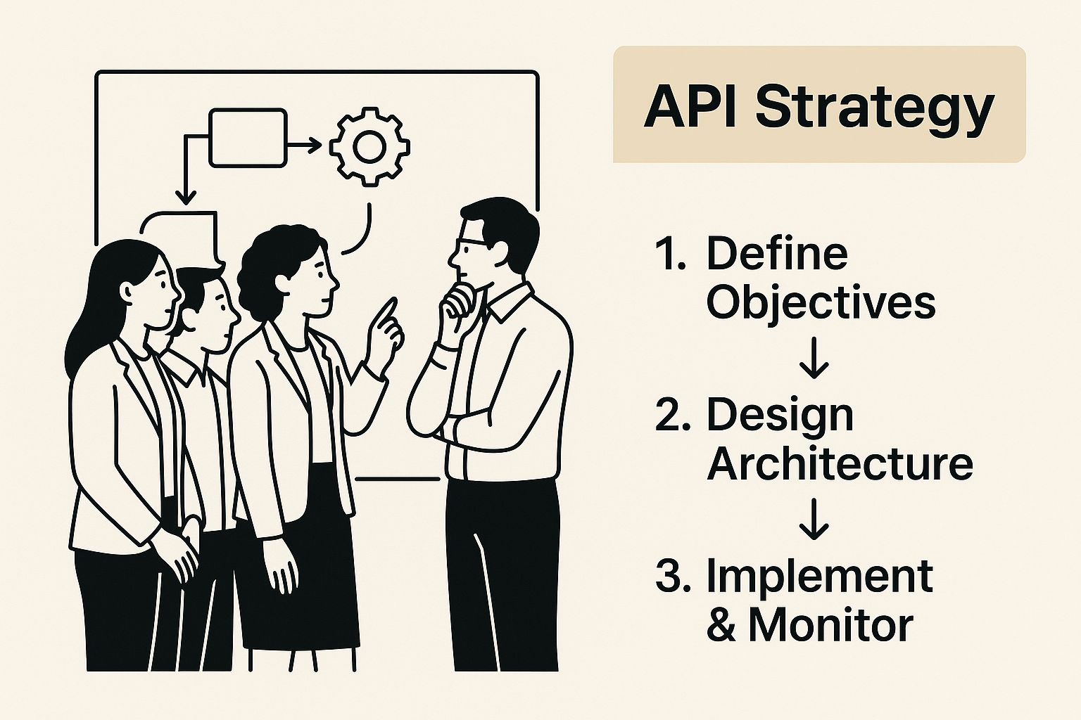 Infographic of professionals at a whiteboard with the text 'API Strategy' on a background block, planning how to build an api.