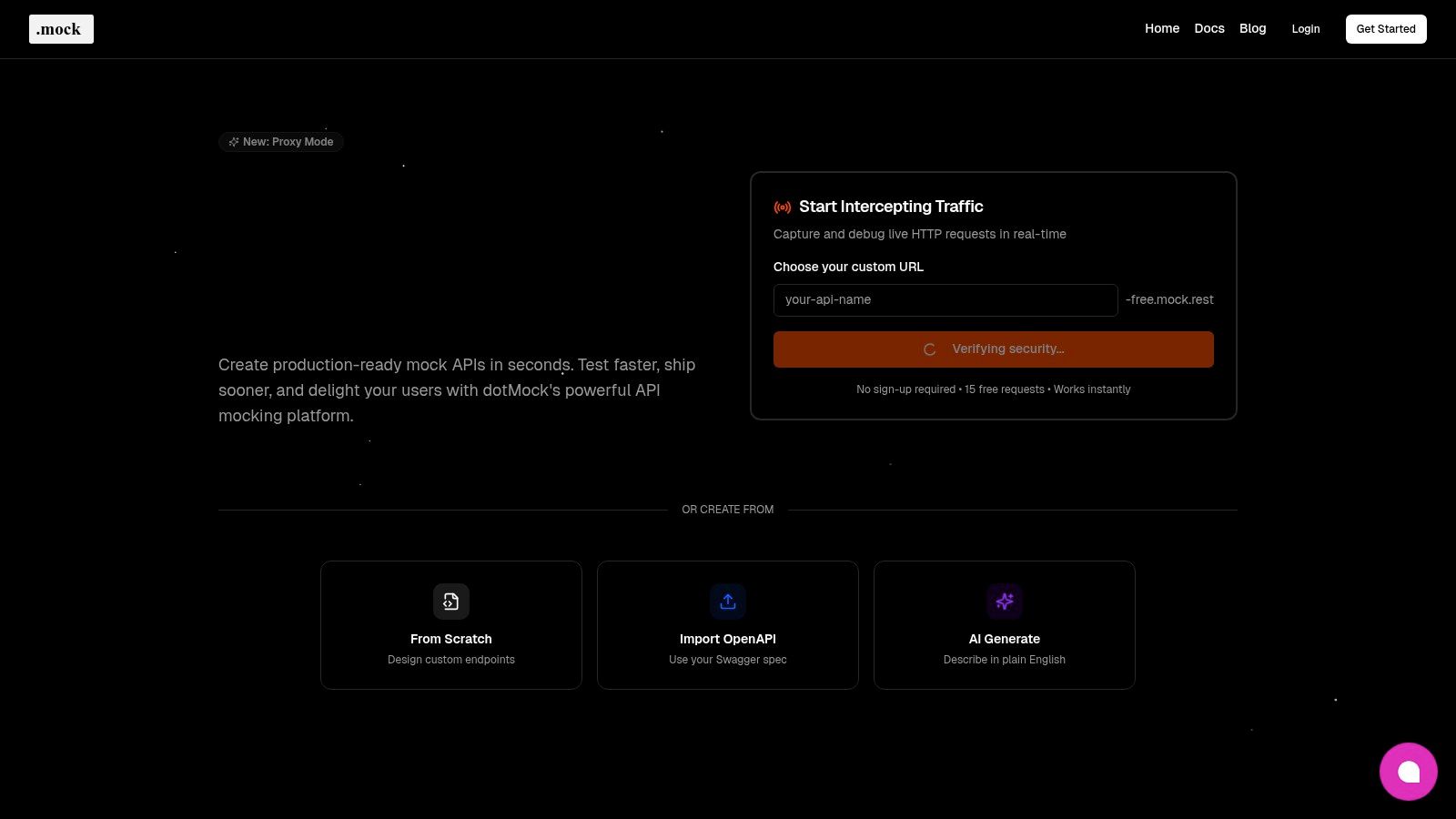 A user interface of the dotMock platform, showing options to create mock APIs from scratch, record traffic, or import specifications.