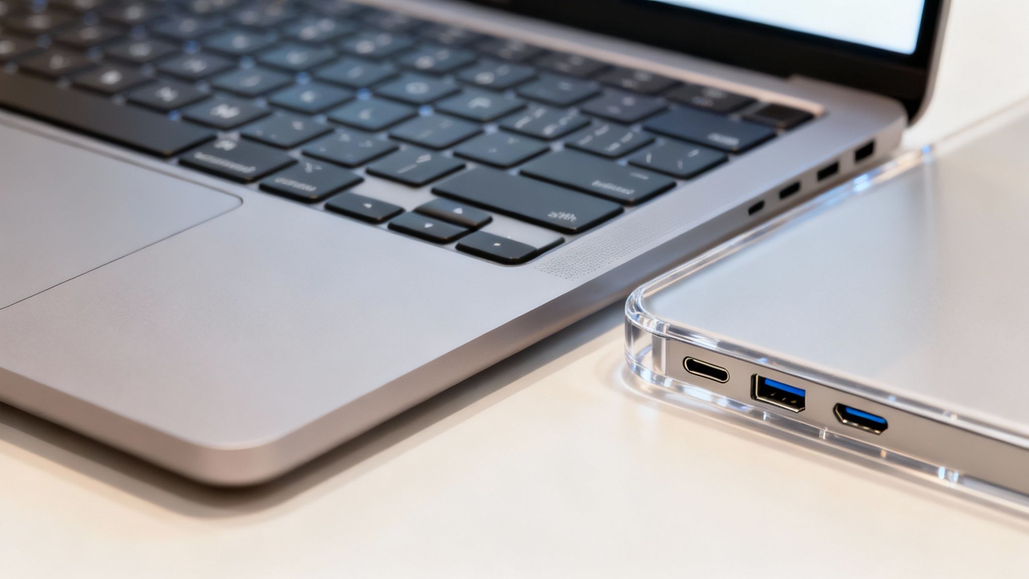 Osoba pisząca na podświetlanej klawiaturze laptopa w ciemnym otoczeniu.